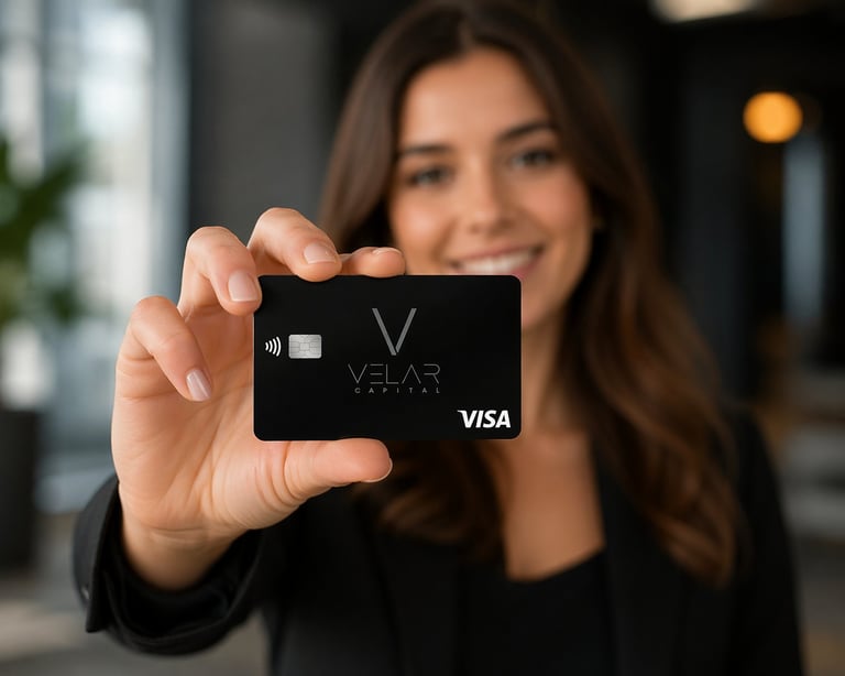 Woman holding and displaying a black Velar Visa card with contactless payment symbol