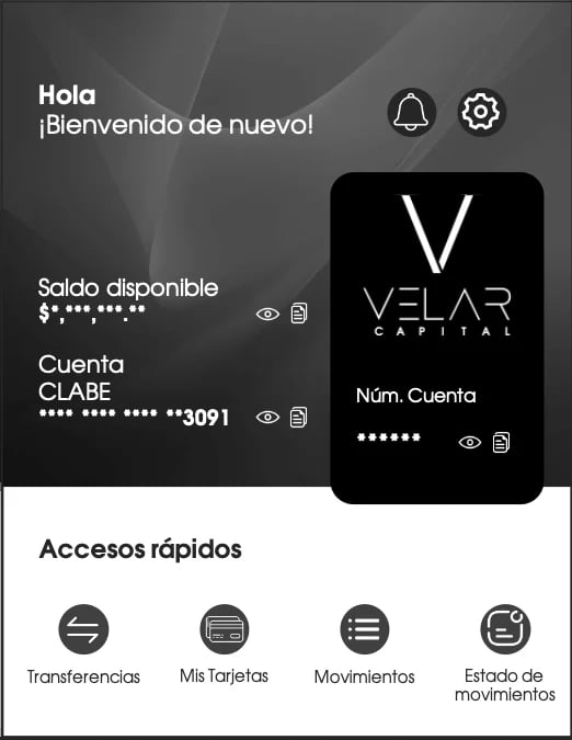 Spanish banking app welcome screen showing account balance, CLABE account number, and quick access icons for transfers and account management