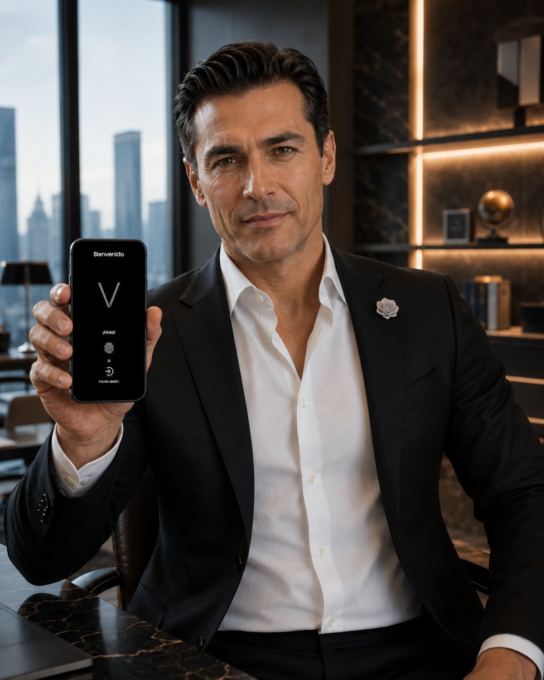 Professional man in black blazer and white shirt holding smartphone with V logo in modern office with city skyline view