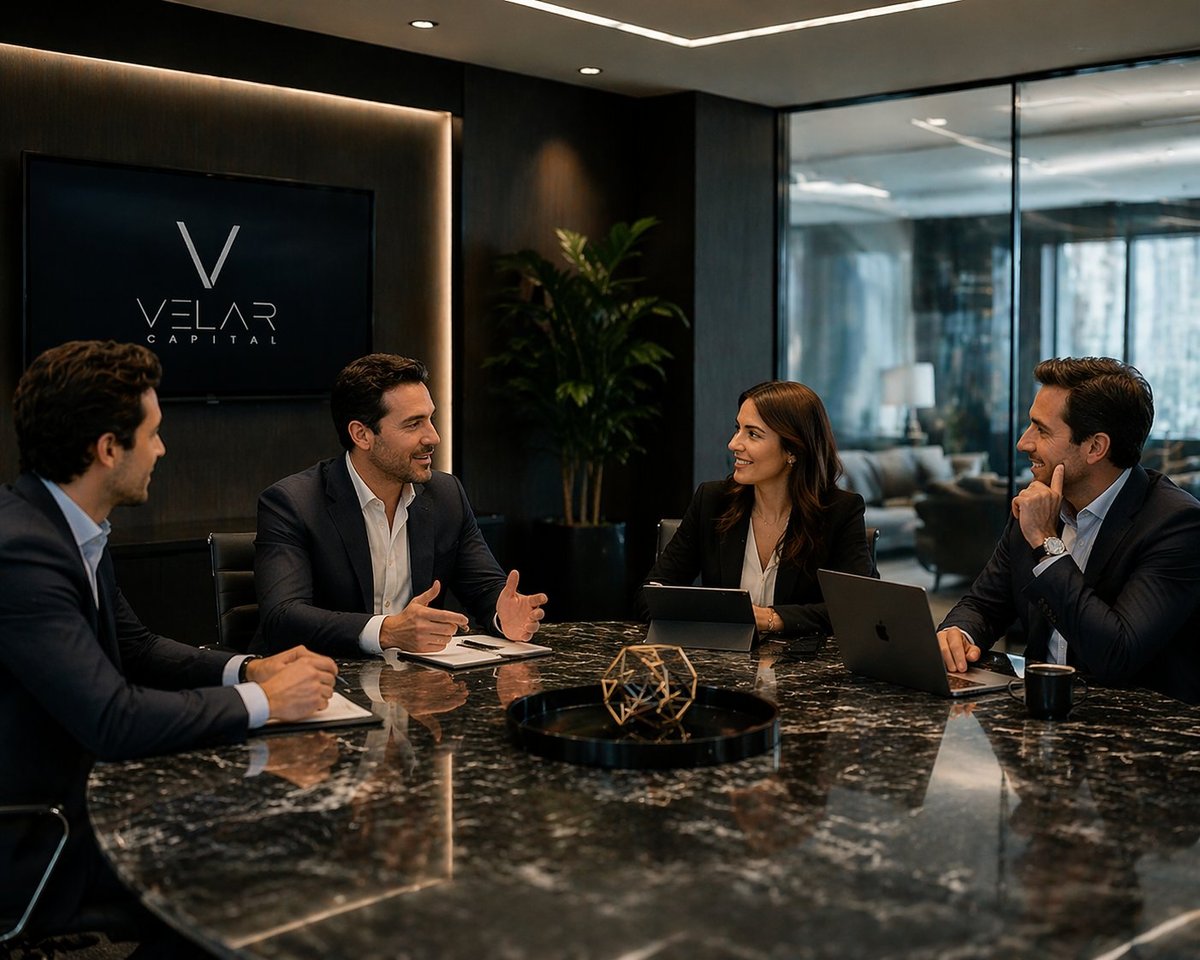 Four business professionals in formal attire having a meeting around a marble table in a modern office with Velar signage