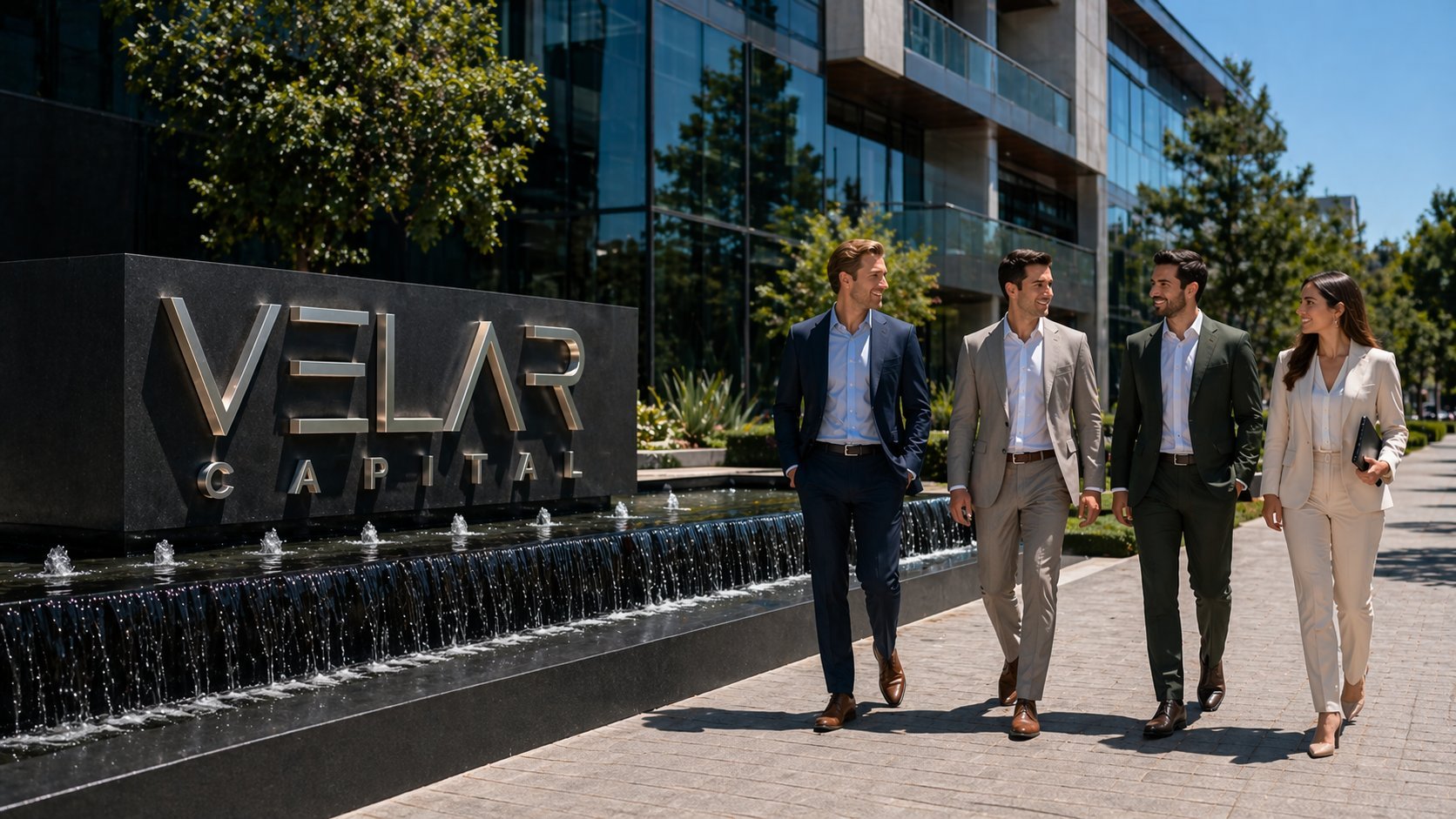 Velar Capital illuminated logo on dark wall in modern office lobby with glass doors and plants